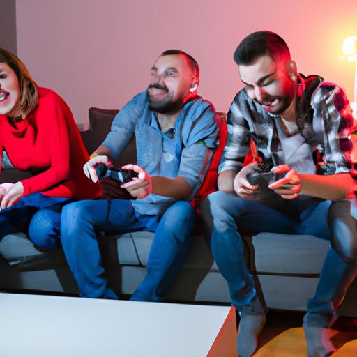 A group of friends enjoying a lively gaming session on their consoles.